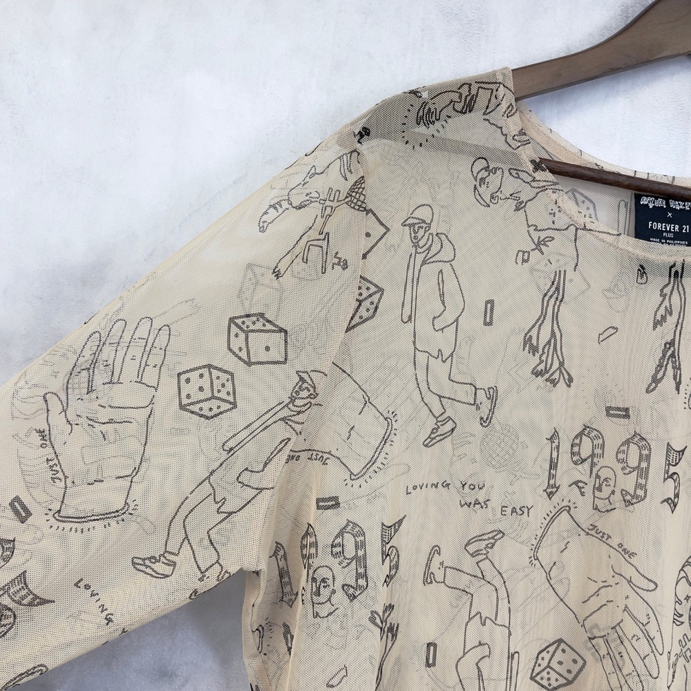 Forever 21 Yuki Haze Mesh Graphic Top Women 3X Sheer Doodle Print Street Indie - Picture 3 of 11